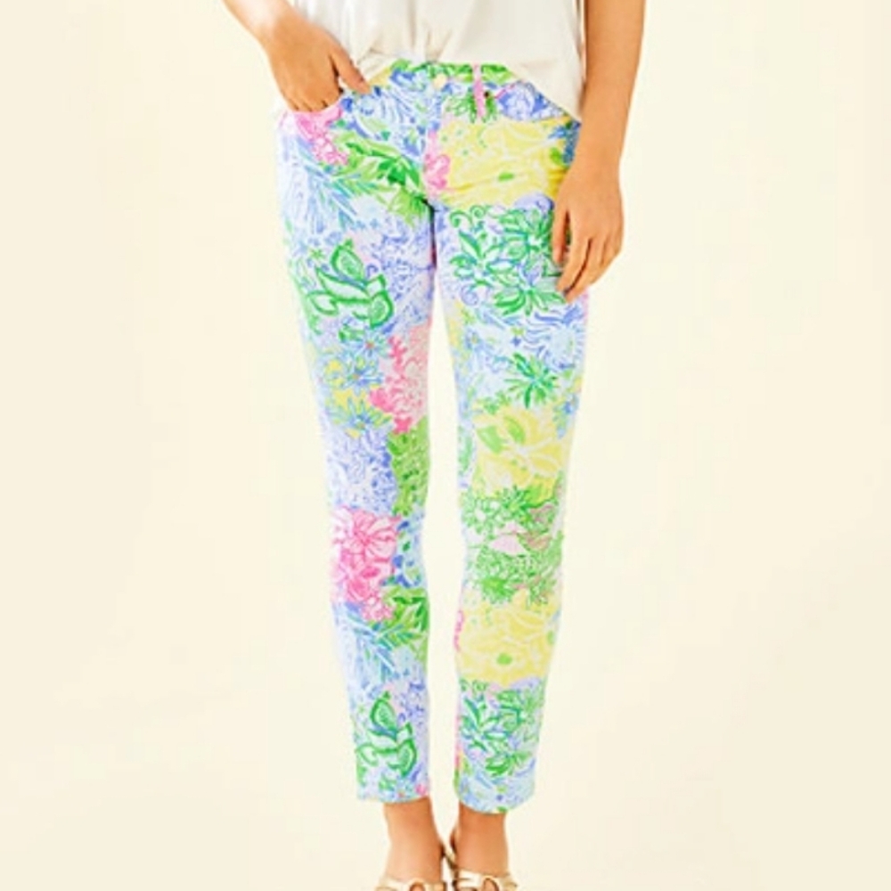 Lilly Pulitzer ankle pants jeans floral tropical blue yellow green pink sz 4